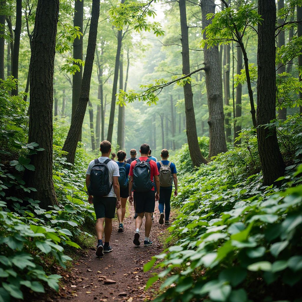 Group hiking through coastal forest
