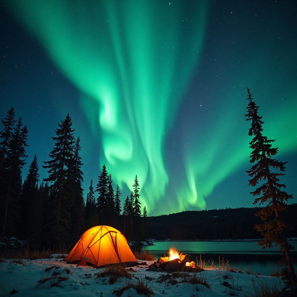 Campsite under northern lights